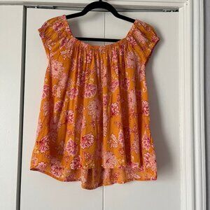 Old Navy Floral Peasant Top Flowy Blouse Boho Chic Orange Pink L